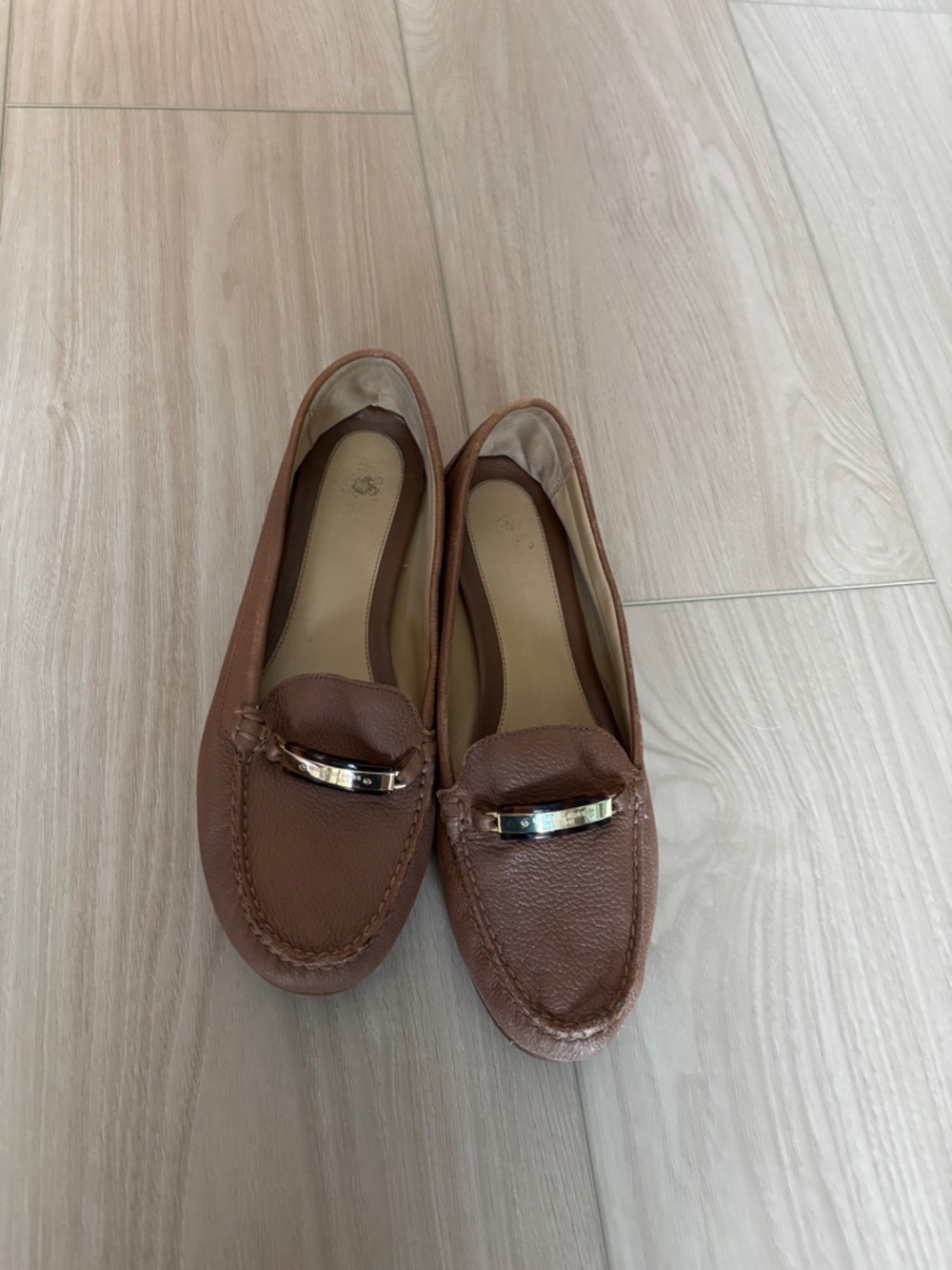 Brown Leather Women's Loafers with Metallic Accent